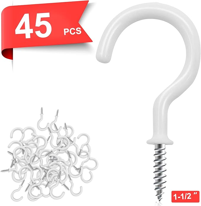 Cup Screw Hooks,1-1/2 Vinyl Coated Ceiling 45 Pack Screw in Hooks Plant Hanger Wind Chimes Kitchen Cup Hooks Great for Hanging Indoor & Outdoor Use(White)