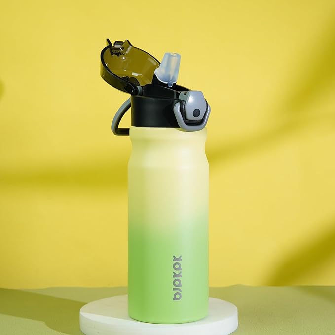 BJPKPK Insulated Water Bottle 18oz Stainless Steel Water Bottles with Straw and Carry Handle Double Wall Metal Thermal Flask,Lime