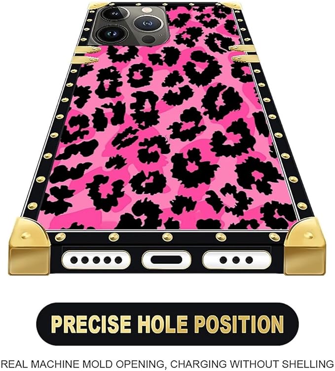 Compatible with iPhone 16 Pro Max Case, Pink Black Leopard Luxury Golden Decoration for Girl Women Soft TPU Shockproof Protective Hard PC Back