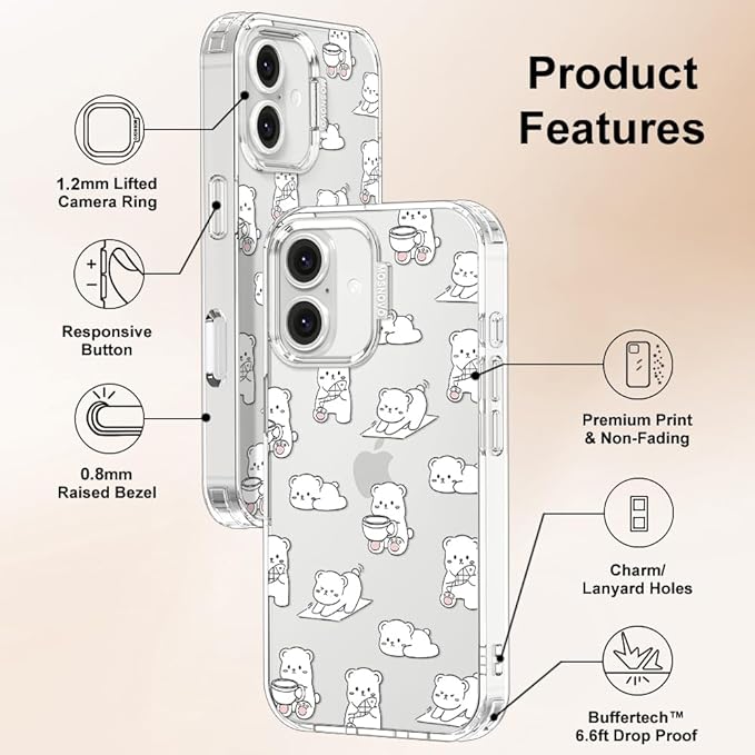 MOSNOVO for iPhone 16 Case, Shockproof Military-Grade Protection 6.6ft Drop Tested, Clear Phone Case for iPhone 16, Cozy Bear Days Design
