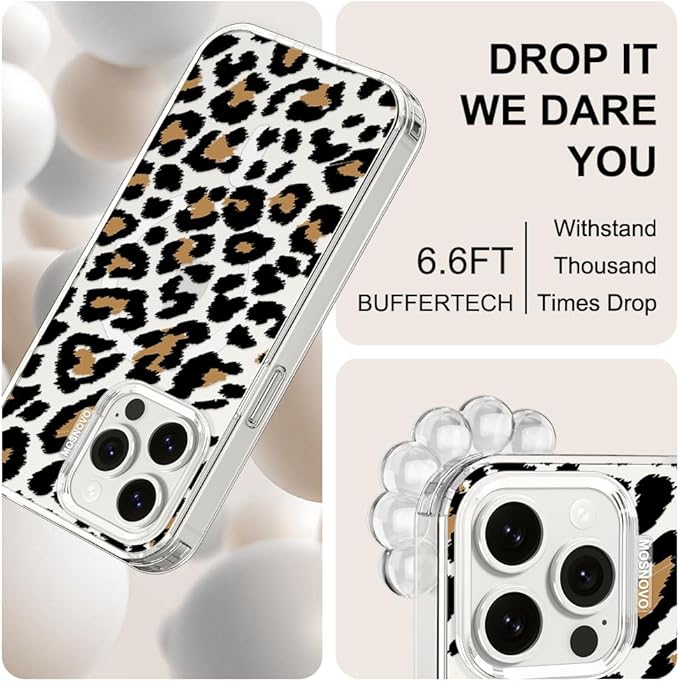 MOSNOVO Case for iPhone 15 Pro Max, [Buffertech 6.6ft Military-Grade Drop Protection] [Anti Peel Off Tech] Clear TPU Bumper Phone Case Cover Design - Leopard Print