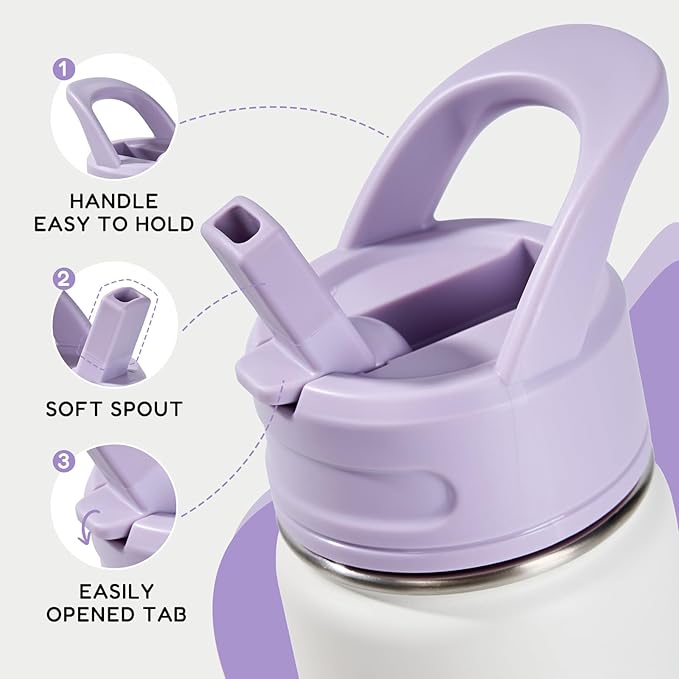 Fijinhom 12oz Kids Water Bottle for School, Toddler Bottles with Straws, Stainless Steel Vacuum Insulated Water Bottle for Boys&Girls, Leak-Proof, BPA-Free, Gentle Purple
