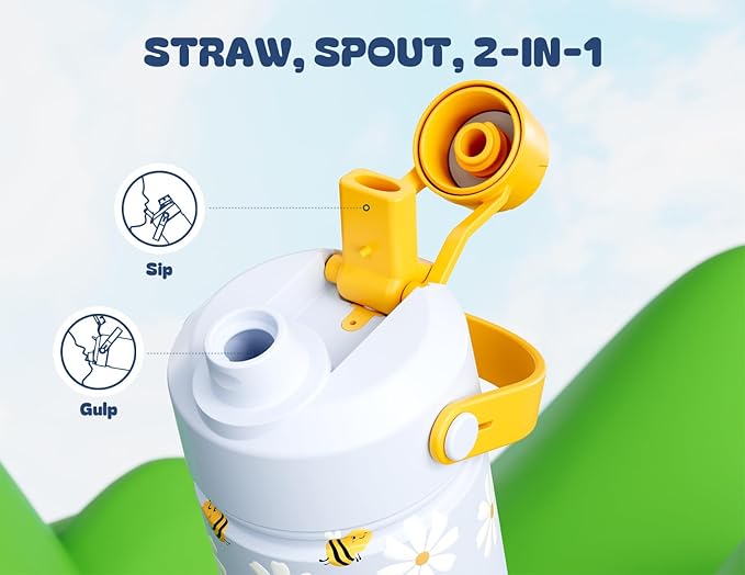 12 oz Insulated Water Bottle for Kids: 2-in-1 Straw Spout Lid, Spill-proof, BPA-Free, Easy Clean, Keep Cold 24H, Cute Bee Patterns, Stainless Steel Cup for School, Travel, Playtime, Gift (Daisy Buzz)
