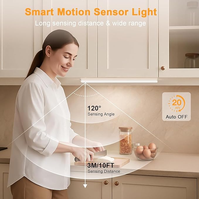 Under Cabinet Lighting, USB Rechargeable Motion Sensor Light Indoor, Battery Operated Closet Light, LED Cabinet Lights, Stick On Dimmable Under Counter Lights for Kitchen (2-Pack)