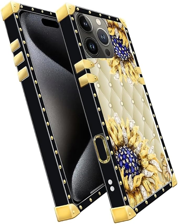 Compatible with iPhone 16 Pro Max Case, Sunflower Diamonds Leather Luxury Golden Decoration for Girl Women Soft TPU Shockproof Protective Hard PC Back for iPhone 16 Pro Max