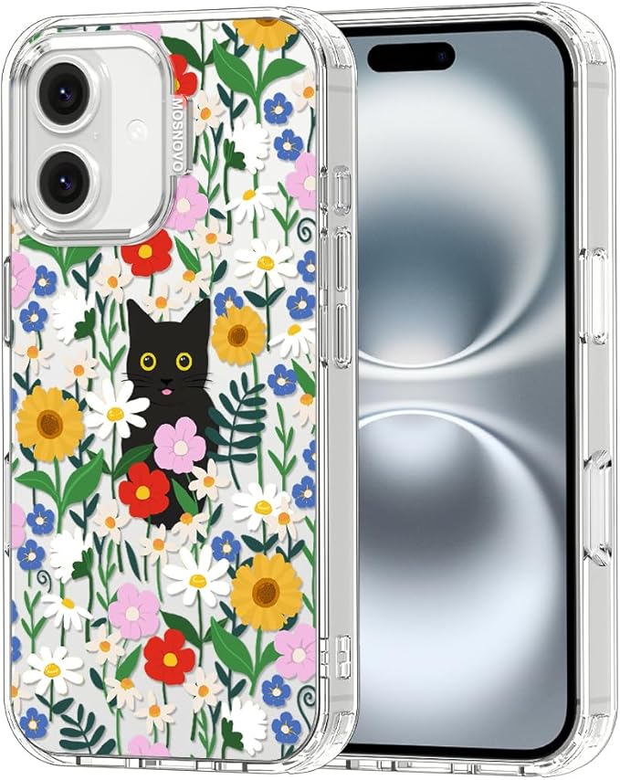 MOSNOVO Case for iPhone 16, [Buffertech 6.6ft Military-Grade Drop Protection] [Anti Peel Off Tech] Clear TPU Bumper Phone Case Cover Design - Black Cat in Garden