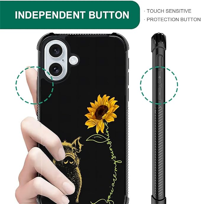 for iPhone 16 Plus Case, Pig Sunflower Yellow Sunshine Pattern Graphic Design Girl Boy Soft Silicone Hard Acrylic Shock Protection for iPhone 16 Plus