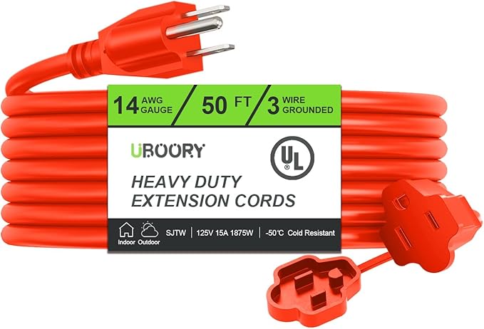 Outdoor Extension Cord Waterproof 50 FT, Orange 14/3 SJTW Heavy Duty, Flexible 100% Copper 3 Prong Extension Cord for Lawn, Garage,UL Listed