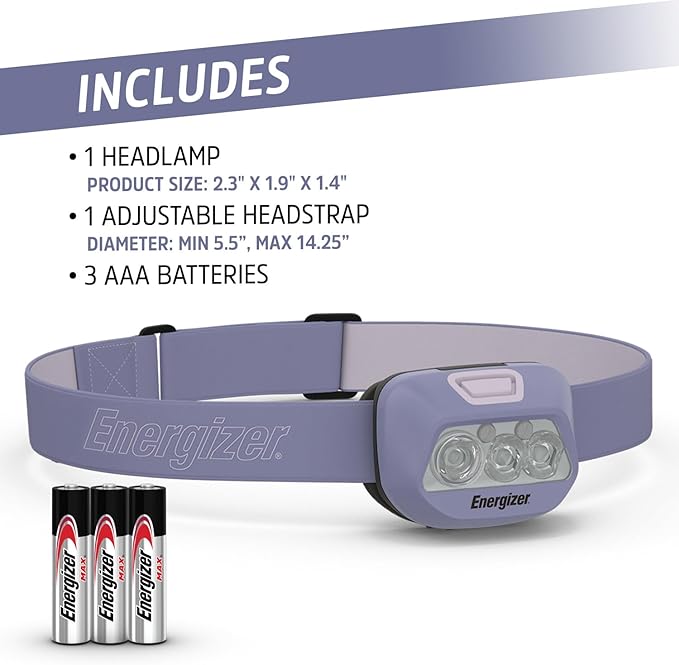 Energizer HDL30 Purple Multi-Colored LED Headlamp, 400 Lumen, IPX4 Water Resistant, Adjustable Headlamp with Red and Green LED Mode, Great Hands-Free Light, Batteries Include
