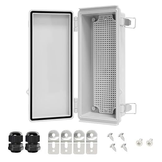 LeMotech Electrical Box, IP67 Waterproof Hinged Cover Stainless Steel Latch Junction Box, ABS Plastic Electrical Enclosure with Mounting Plate,Wall Brackets, Cable Glands,10.2"x4.3"x2.9”,Grey