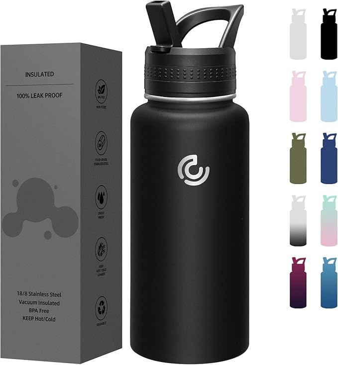 COKTIK 32oz Sports Water Bottle, Stainless Steel Water Bottle for Insulated, Reusable Travel Bottle, With Straw, With Handle Grip for Easy Carrying, Suitable for Cycling, Outdoor Vacations(Black)
