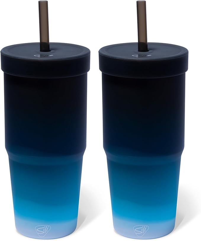 Silipint 32oz Silicone Straw Tumbler – BPA-Free, Non-Toxic, Unbreakable, Microwave, Dishwasher Safe – Perfect for Tea, Cold Water, Smoothies, Moon Beam - Pack of 2