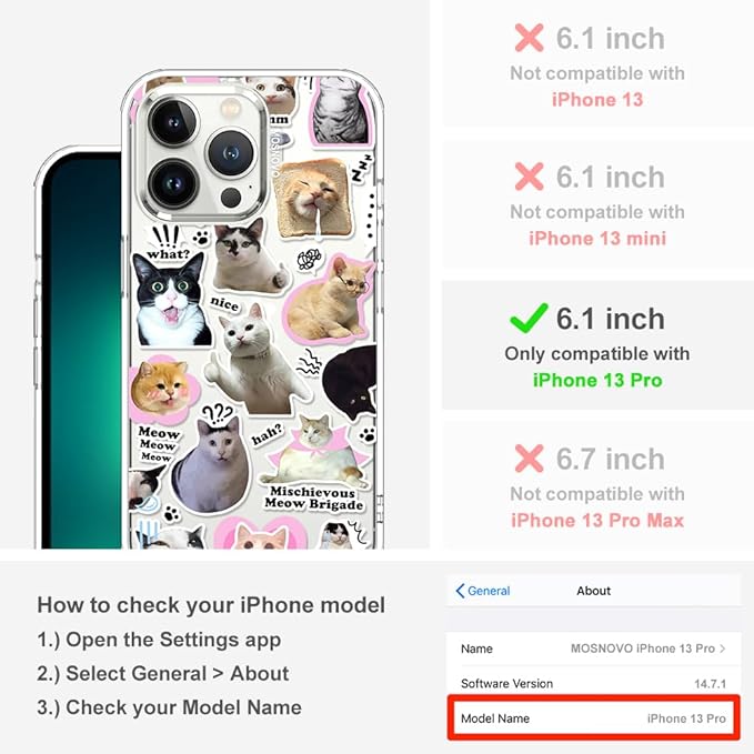 MOSNOVO Case for iPhone 13 Pro, [Buffertech 6.6ft Military-Grade Drop Protection] [Anti Peel Off Tech] Clear TPU Bumper Phone Case Cover Design - The Cat Brigade