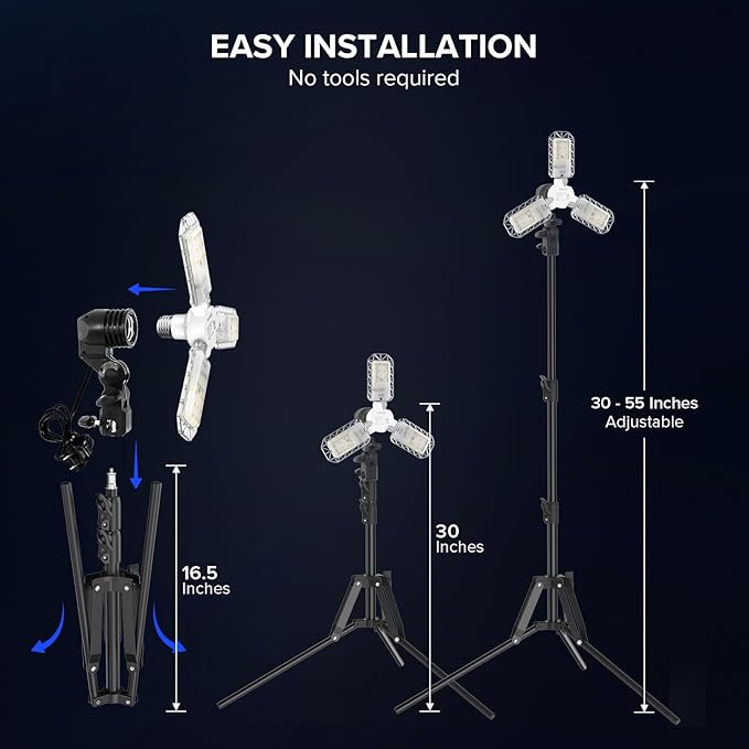 SANSI 300 Watt Equivalent LED Work Light, 3300LM 5000K Portable Camping Lights with Premium Carbon Steel Telescoping Tripod Stand, LED Work Light with Stand Adjustable 30-55 Inches