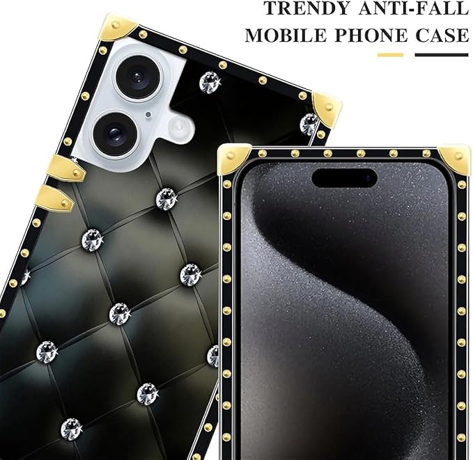 Compatible with iPhone 16 Plus Case, Shiny Black Sofa Crystal Luxury Golden Decoration for Girl Women Soft TPU Shockproof Protective Hard PC Back