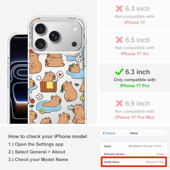 MOSNOVO for iPhone 17 Pro Case, Shockproof Military-Grade Protection 6.6ft Drop Tested, Camera Control, Clear Phone Case for iPhone 17 Pro, Capybara Land Design