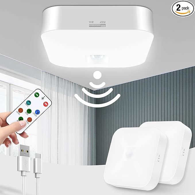 Motion Sensor Rechargeable Ceiling Light Indoor/outdoor with Remote, Wireless Battery Operated Rechargeable Sensor Light for Closet, Garage, Hallway, 3000K-6000K Battery Powered Shower Lights, 2 Pack