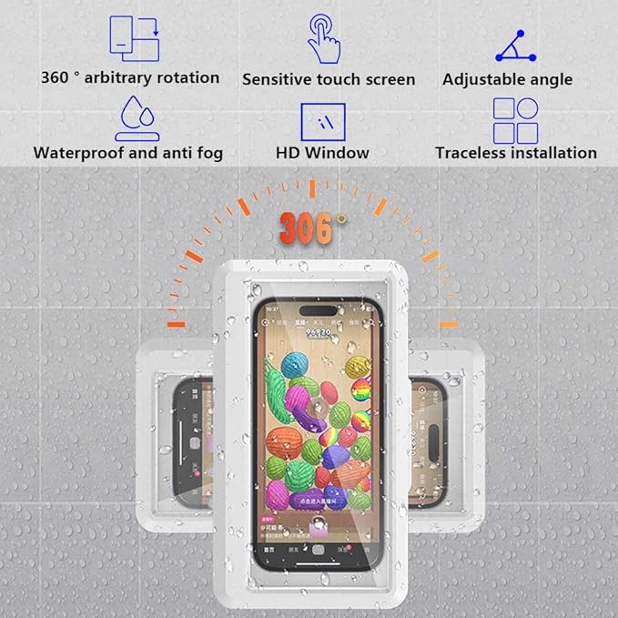 Shower Phone Holder Waterproof, 360° rotatable Adjustable rain Phone case，Waterproof and Anti-Fog Sensitive Touch Screen，Suitable for Bathroom Wall Mirror Bathtub Kitchen (White)