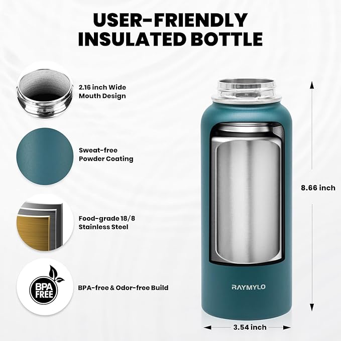 RAYMYLO Insulated Water Bottle 32 oz, Triple Wall Vacuum Stainless Steel (Cold for 24Hrs, Hot for 12Hrs), Leak Proof & Non-BPA, Modern Water Flask Jug with Paracord Handle & Straw Spout Lids