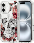 MOSNOVO Case for iPhone 16 Plus, [Buffertech 6.6ft Military-Grade Drop Protection] [Anti Peel Off Tech] Clear TPU Bumper Phone Case Cover Design - Red Flower Skull