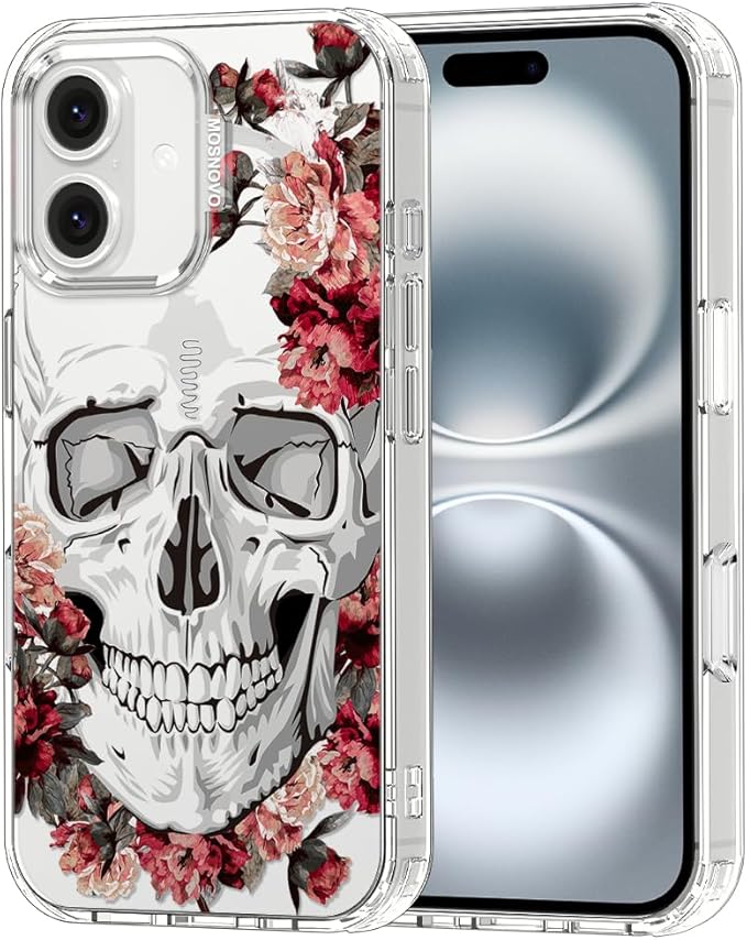MOSNOVO Case for iPhone 16, [Buffertech 6.6ft Military-Grade Drop Protection] [Anti Peel Off Tech] Clear TPU Bumper Phone Case Cover Design - Red Flower Skull