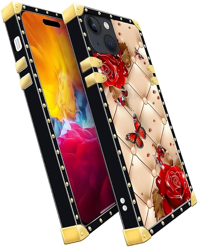 Compatible with iPhone 15 Case, Shining Red Rose Butterfly Leather Background Luxury Golden Decoration for Girl Women Soft TPU Shockproof Protective Hard PC Back for iPhone 15