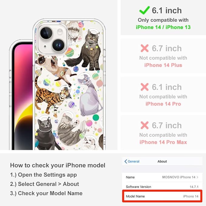 MOSNOVO for iPhone 13/14 Case | Military Grade 6.6ft Drop Tested | Clear with Space Cat Design