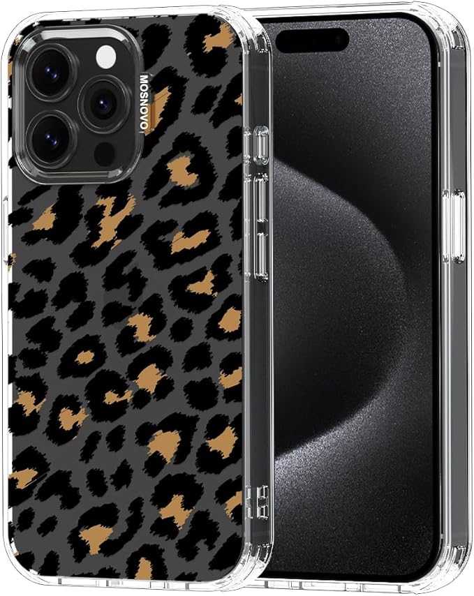 MOSNOVO Case for iPhone 15 Pro Max, [Buffertech 6.6ft Military-Grade Drop Protection] [Anti Peel Off Tech] Clear TPU Bumper Phone Case Cover Design - Leopard Print