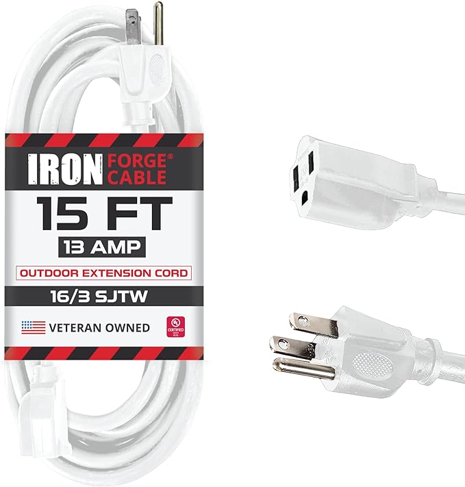 Iron Forge Cable Weatherproof 15 Ft Outdoor Extension Cord - 16/3 SJTW Heavy Duty White Extension Cord 15ft 3 Prong - 13 Amp Exterior Power Cable