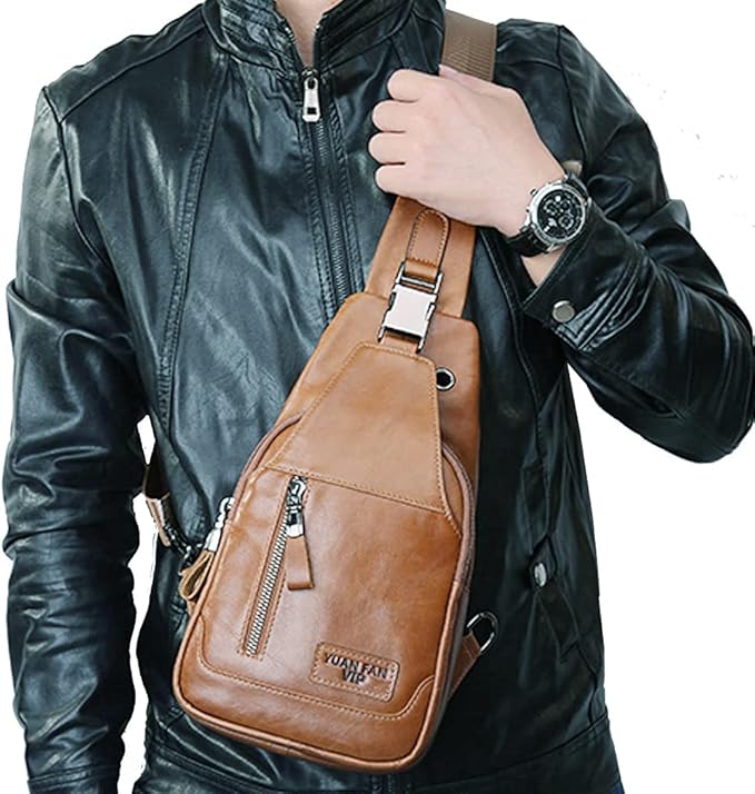 Hebetag Leather Sling Bag Hiking Daypack for Men Women Outdoor Travel Camping Fishing Crossbody Shoulder Chest Pack Daypack Small Brown