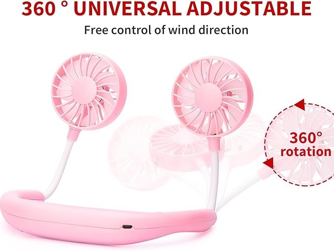 Portable Neck Fan Rechargeable Personal Hand-Free Fan Mini USB Wearable Neckband Sport Fan, 3 Speed Adjustable, 360 Degrees Free Rotation Perfect for Working, Traveling, Office, Reading (Pink)