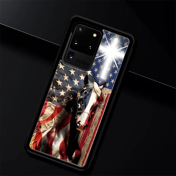 for Samsung Galaxy S20 Ultra Case, Red American Flag Horse Cross Pattern Graphic Design Girl Boy Soft Silicone Hard Acrylic Shock Protection for Samsung Galaxy S20 Ultra