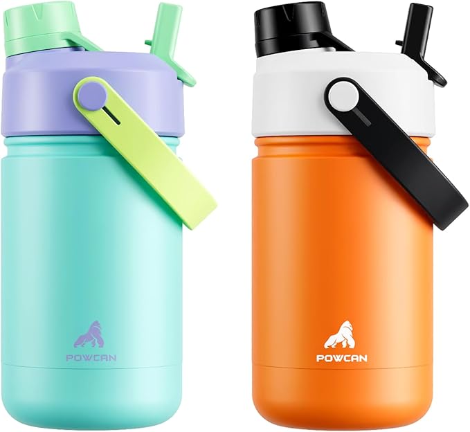 POWCAN 2 Pack 12 oz Kids Insulated Water Bottle for School: Leakproof, 2-in-1 Straw Spout Lid, BPA-Free, Keep Cold 24 Hrs, Stainless Steel Cup for Sports, Travel, Gift (Sea Princess & Sunny Puppy)