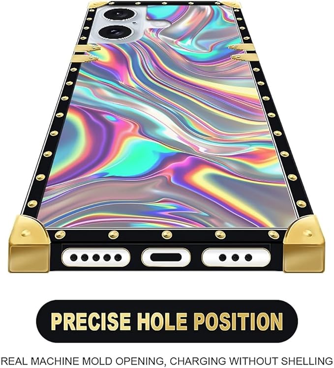 Compatible with iPhone 16 Plus Case, Holographic Abstract Iridescent Textures Luxury Golden Decoration for Girl Women Soft TPU Shockproof Protective Hard PC Back