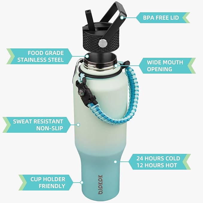BJPKPK Insulated Water Bottles with Straw Lid, 35oz Metal Water Bottle with 2 lids & Paracord Strap, Double Wall Stainless Steel Vacuum Tumblers, Cups, Mugs, Thermo for Hot& Cold Drinks, Mint