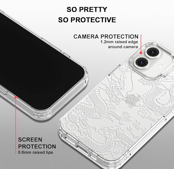 MOSNOVO Case for iPhone 16 Plus, [Buffertech 6.6ft Military-Grade Drop Protection] [Anti Peel Off Tech] Clear TPU Bumper Phone Case Cover Design - White Dragon