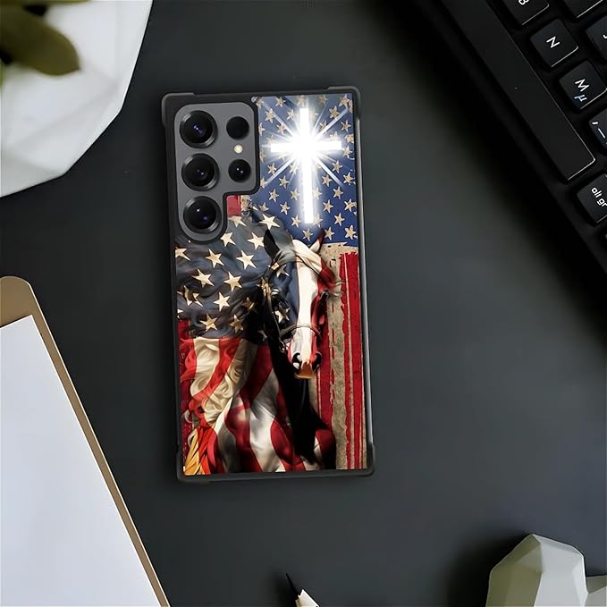 for Samsung Galaxy S25 Ultra Case,Graphic Design for Girl Boy Soft Silicone Hard Acrylic Shock Protection Designed for Samsung Galaxy S25 Ultra Red American Flag Horse Cross Pattern