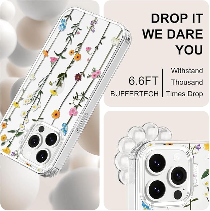 MOSNOVO Case for iPhone 13 Pro Max, [Buffertech 6.6ft Military-Grade Drop Protection] [Anti Peel Off Tech] Clear TPU Bumper Phone Case Cover Design - Wildflowers