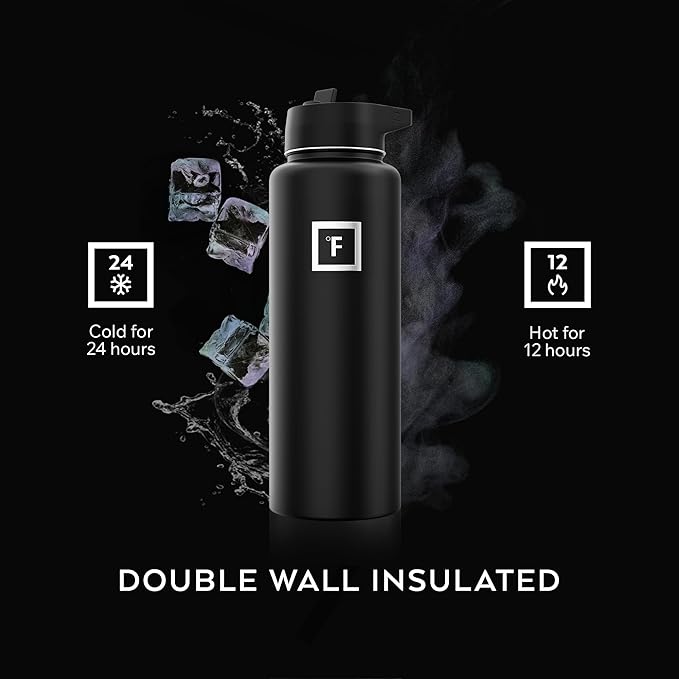 IRON °FLASK Camping & Hiking Hydration Flask with Straw, Wide Mouth Insulated Stainless Steel Sports Water Bottle - Dark Night 40 oz - Straw (1 Lid)