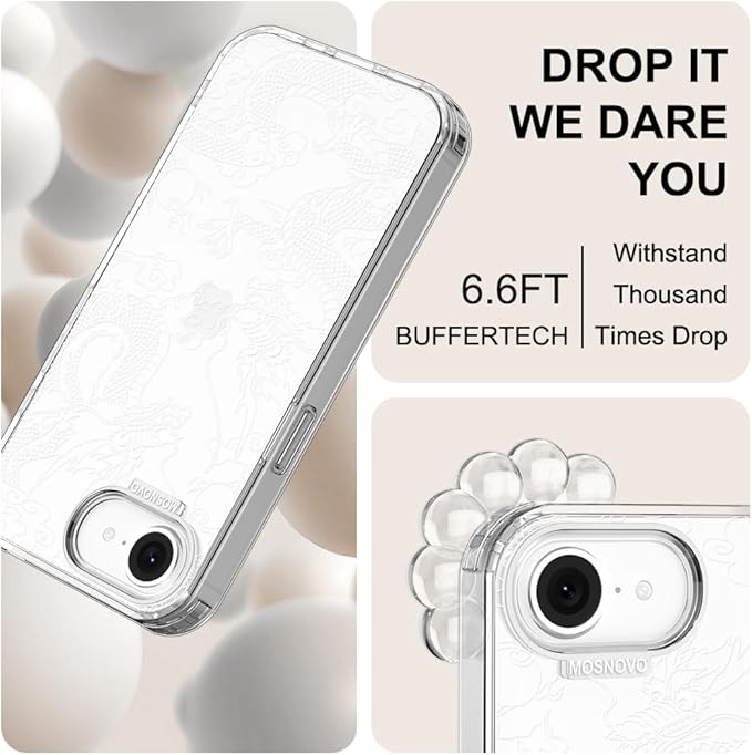 MOSNOVO for iPhone 17e Case/iPhone 16e Case, Shockproof Military-Grade Protection 6.6ft Drop Tested, Clear Phone Case for iPhone 16e / iPhone 17e, White Dragon Design
