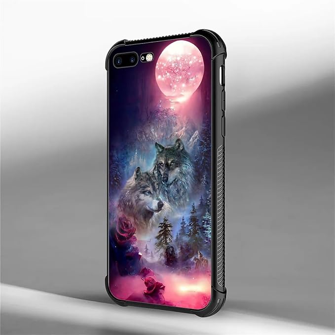 for iPhone 7 Plus/8 Plus Case, Star Two Wolfs Howling Pattern Graphic Design Girl Boy Soft Silicone Hard Acrylic Shock Protection for iPhone 7 Plus/8 Plus