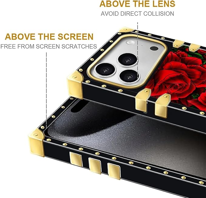 for iPhone 17 Pro Case Luxury Golden Decoration for Girl Women Soft TPU Shockproof Protective Hard PC Back for iPhone 17 Pro Crazy Pattern Vector Red Rose Green Leaf