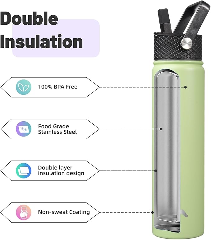 Konokyo Insulated Water Bottle 24oz Stainless Steel Sport Bottles with 3 Lids,Macaron Green