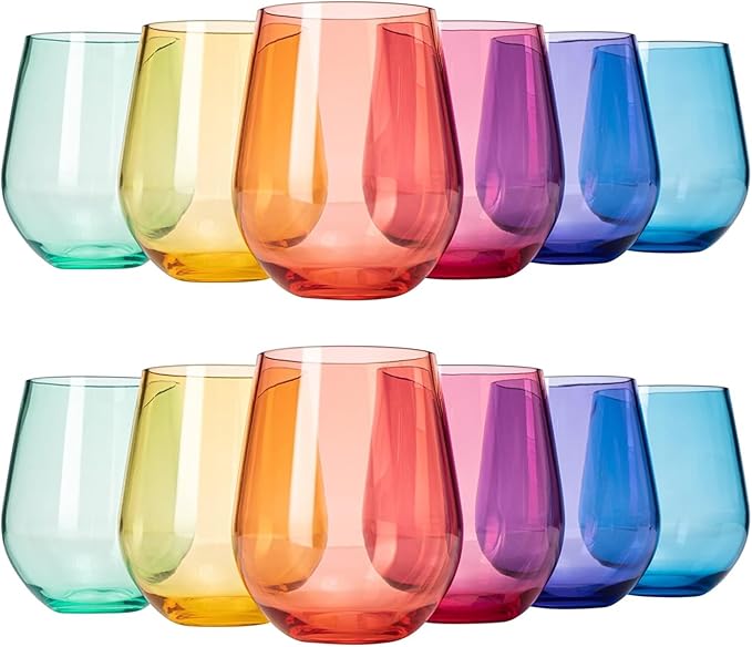 European Style Plastic Crystal Unbreakable Stemless Wine Glasses | Set of 12 | Acrylic Glasses Tritan Bright Color Shatterproof BPA-free, Outdoor, Pool, Indoor, Hand Wash 15oz Gift, Everyday & Holiday