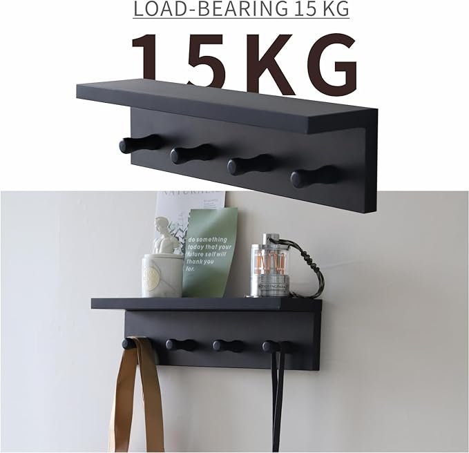 Entrance Coat Rack ，Coat Hooks, Wall-Mounted Wooden Hook Rack, Wall-Mounted Shelves are Very Suitable (Black Color Finish—A-1)