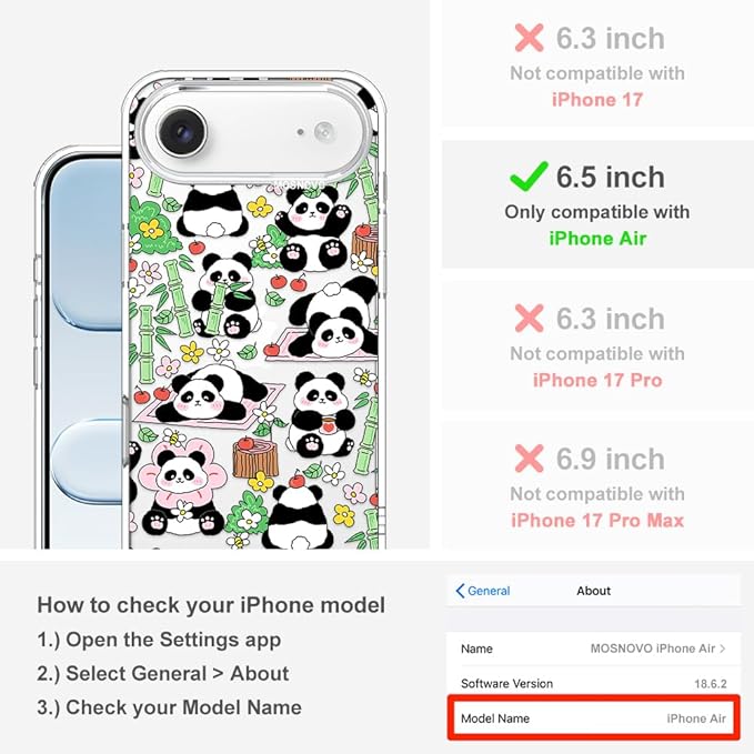 MOSNOVO for iPhone Air Case, Shockproof Military-Grade Protection 6.6ft Drop Tested, Camera Control, Clear Phone Case for iPhone 17 Air, Kawaii Panda Garden Design