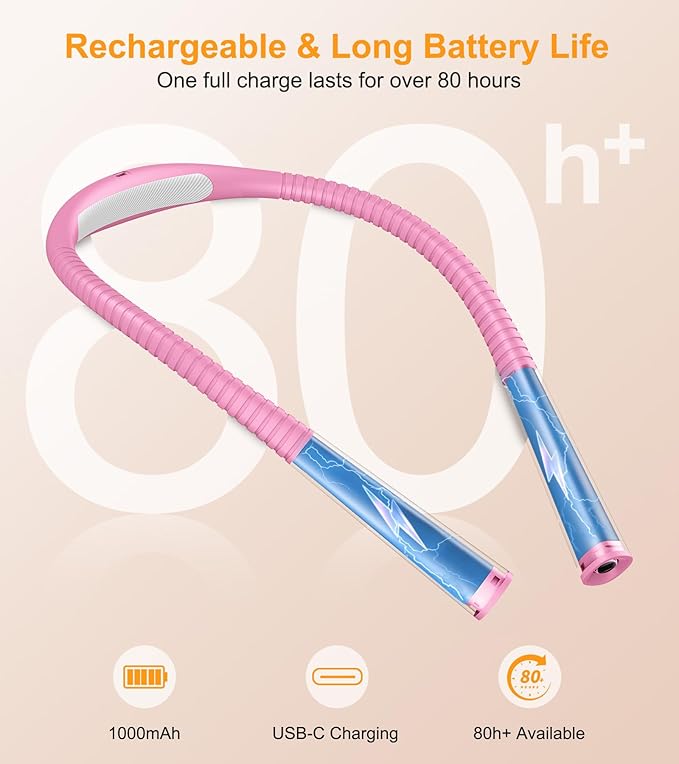 Gritin Book Light, Eye Caring 4-Color & 5-Brightness Neck Light Reading Light- Stepless Dimming,30-min Timer,80+ Hrs Runtime,Bendable Round Neck Design, Lightweight for Reading-Rose