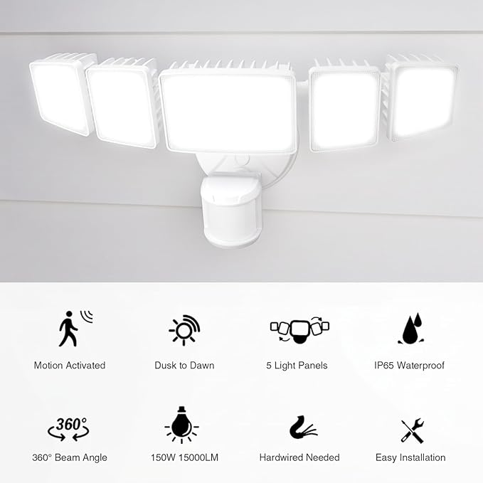 Onforu 150W 15000LM LED Security Lights Motion Sensor Outdoor, Dusk to Dawn Flood Lighting, 5 Heads 360° Wide Angle Illumination, 6500K IP65 Waterproof Hardwired Floodlight Motion Detection (White)