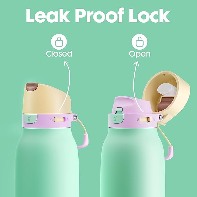 Meoky 24 oz Slim Insulated Water Bottle: Leak Proof Locking Lid, 2-in-1 Straw and Spout, 24 Hours Cold, Top Handle, BPA Free, Stainless Steel Water Bottle for Adults Teens Sports Travel, Lime