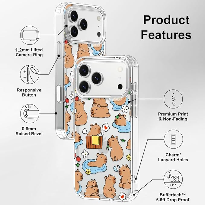 MOSNOVO for iPhone 17 Pro Max Case, Shockproof Military-Grade Protection 6.6ft Drop Tested, Camera Control, Clear Phone Case for iPhone 17 Pro Max, Capybara Land Design